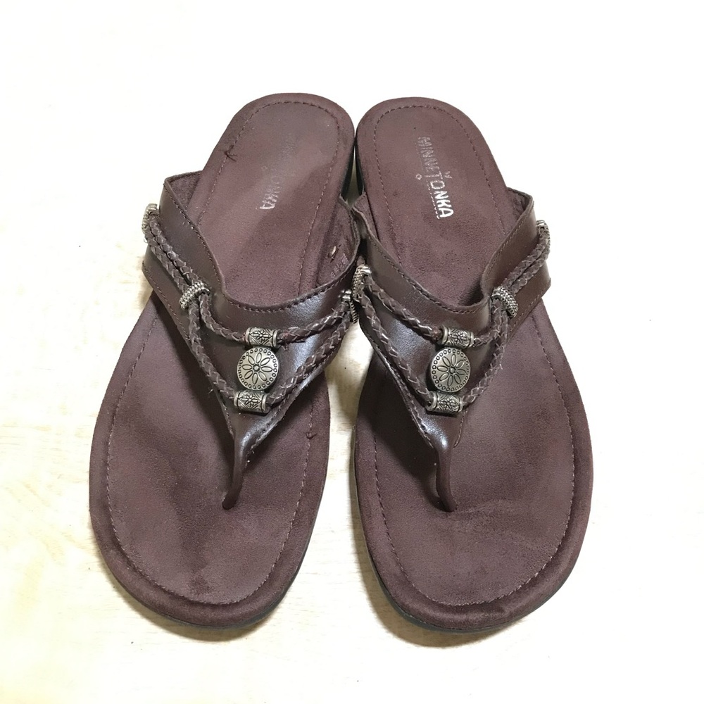 Minnetonka Leather Thong Sandals Brown Boho Comfort Casual Size 10